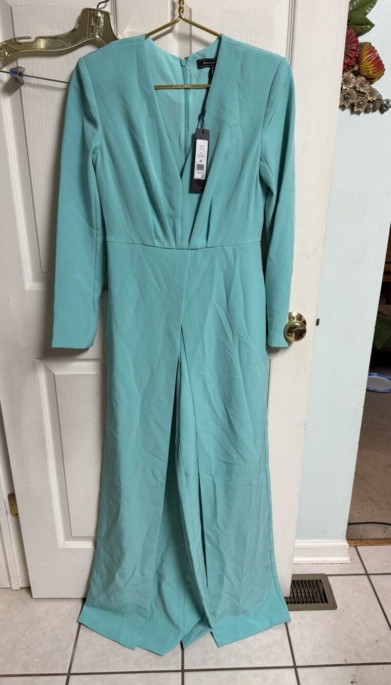 BCBG MAXAZRIA Sz Xs 2 Sea Green Wide leg JUMPSUIT Draped 34w Tie Shoulder Pads